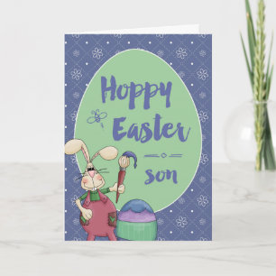 To Son, Hoppy Easter Bunny Artist painting egg Holiday Card