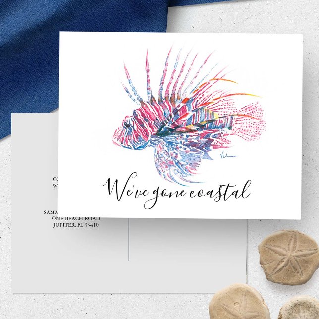 To The Beach New Home Moving Announcement Postcard (New home moving announcement watercolor tropical fish art by Victoria Grigaliunas of Do Tell A Belle)