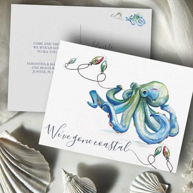 To The Beach New Home Moving Announcement Postcard (Beach Christmas moving announcements cards watercolor octopus art Victoria Grigaliunas DoTellABelle)