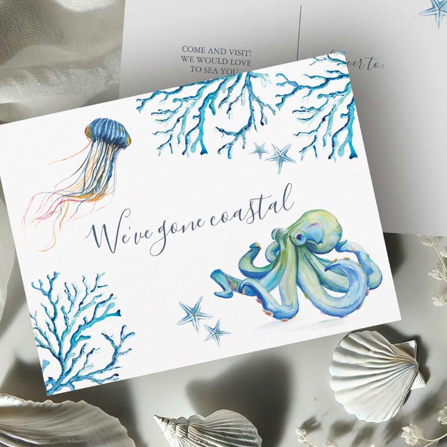 To The Beach New Home Moving Announcement Postcard (Beach moving announcement postcards watercolor Blue sea art by Victoria Grigaliunas Do Tell A Belle)