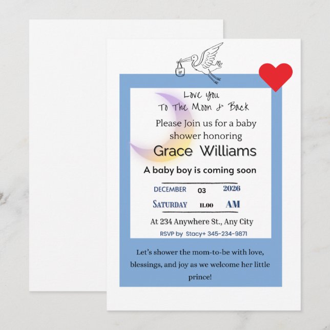 To the Moon and Back Baby Boy Shower Invitation |  (Front/Back)