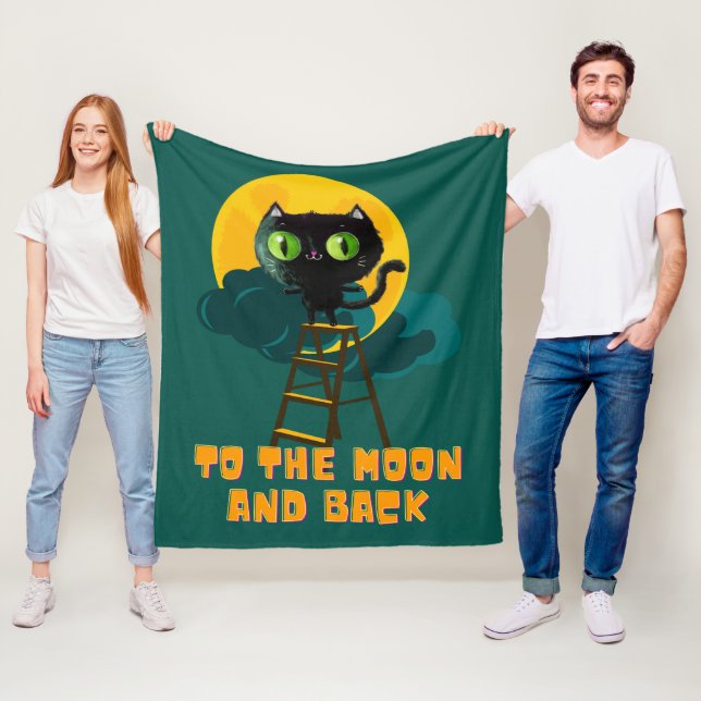 To the Moon and Back Cute Black Halloween Cat  Fleece Blanket (In Situ)
