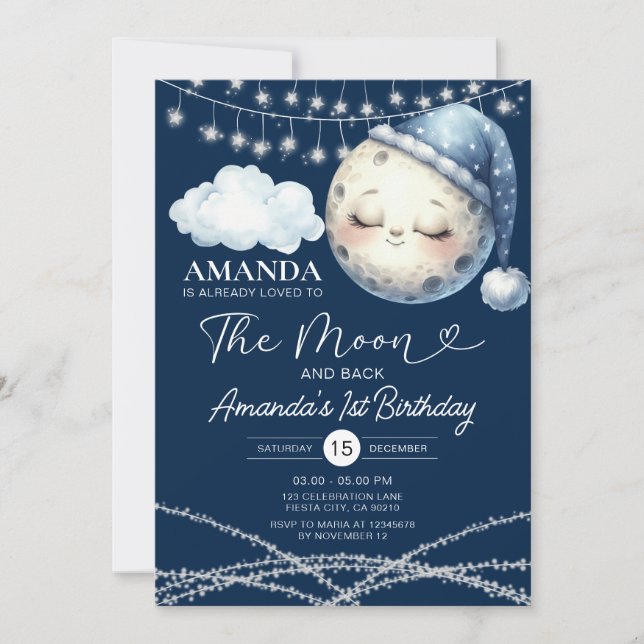 To The Moon & Back 1st Birthday String Lights Invitation (Front)