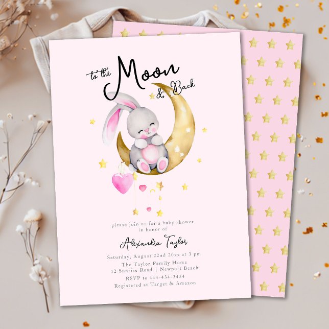 To The Moon & Back Rabbit Pink Girl Baby Shower Invitation (Creator Uploaded)