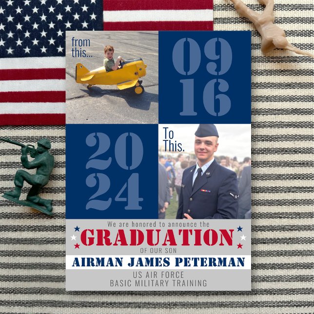 To THIS Military Basic Training Graduation Photo Announcement (From this, to THIS large date military basic training graduation announcement, two photos, patriotic)
