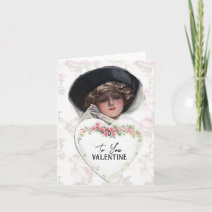 To Valentine Vintage Lady Hat Heart Rose Flower Card