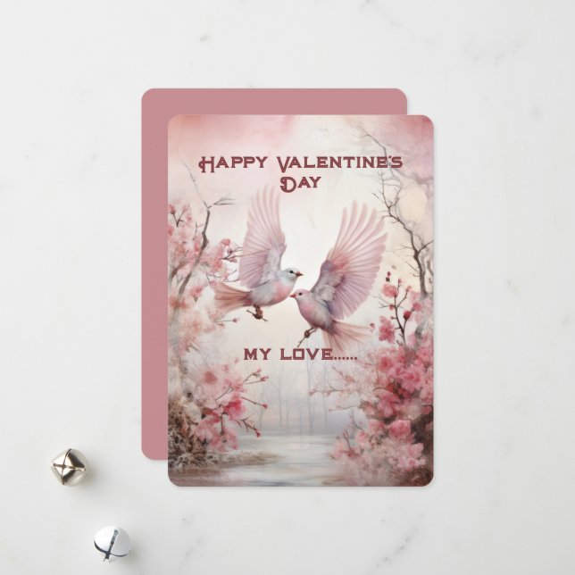 To White Lovebirds Valentine's Day Greetings Holiday Card (Front/Back In Situ)