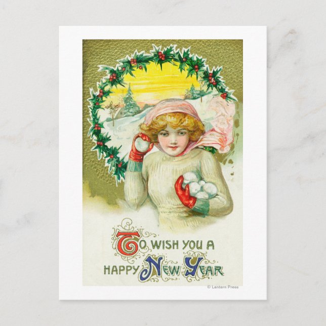 To Wish you a Happy New Year Snowball Fight Holiday Postcard (Front)