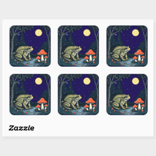 Toad Foraging Toadstools In A Moonlit Woodland Square Sticker