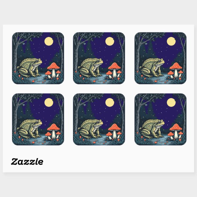 Toad Foraging Toadstools In A Moonlit Woodland  Square Sticker (Sheet)