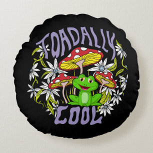 Toadally Cool Colourful floral and frog typography Round Cushion