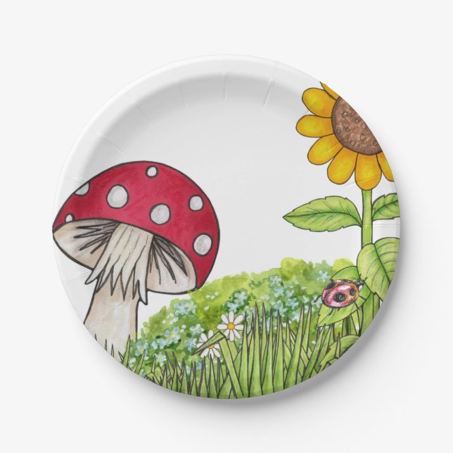 Toadstool and Sunflower Paper Plate (Front)