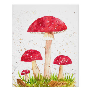 Toadstool Mushroom Forest watercolor Red Nature Poster
