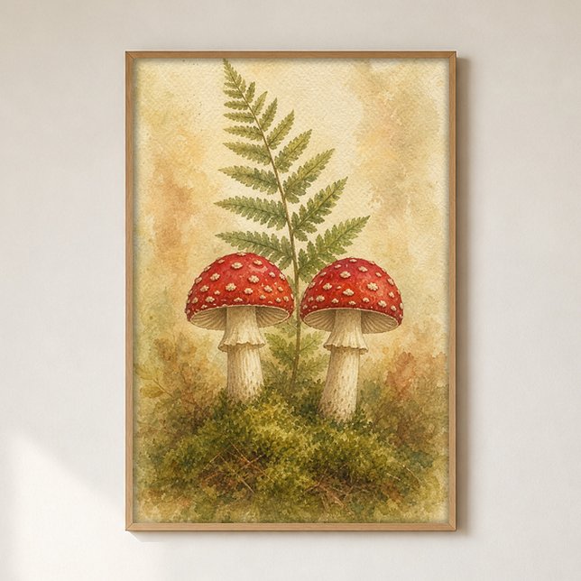 Toadstool Pair in Moss Watercolour Poster (Shown framed for scale. Poster ships unframed; frames are an optional add-on.)