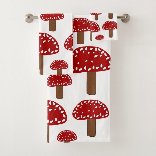 Toadstool Red Forest Mushroom Pattern Bath Towel Set (Insitu)