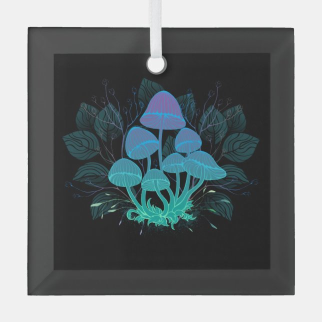 Toadstools in Bushes Glass Tree Decoration (Front)