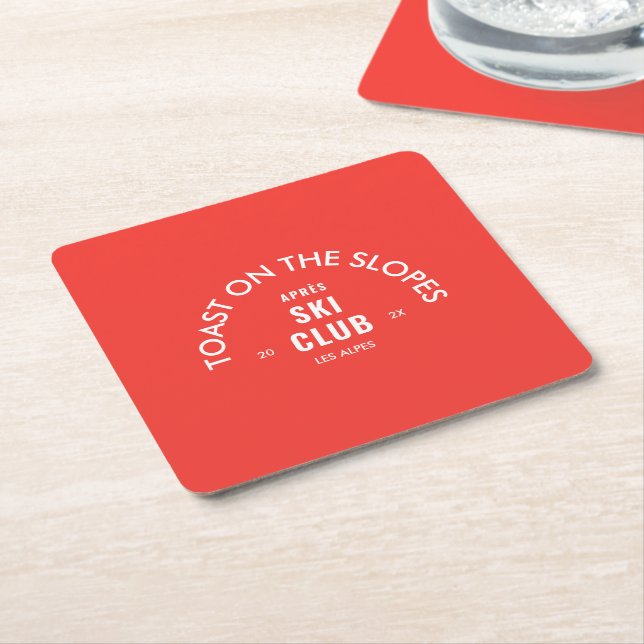 Toast On The Slopes Après Ski Club Retro Red Square Paper Coaster (Angled)