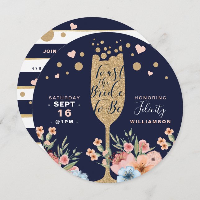 Toast The Bride - Champagne Floral Bridal Shower Invitation (Front/Back)