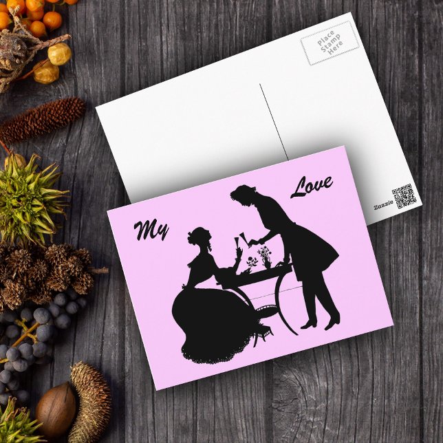 Toast to Love Romantic Victorian Couple Postcard (Romantic vintage couple black silhouette sharing wine on pink postcard.)