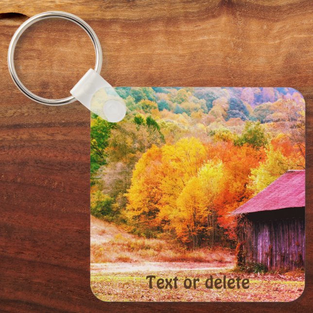 Tobacco Barn In Autumn Vintage Personalised Key Ring (Front)