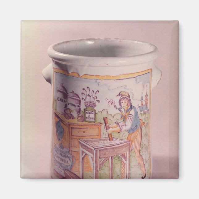 Tobacco pot depicting a tobacconist magnet (Front)