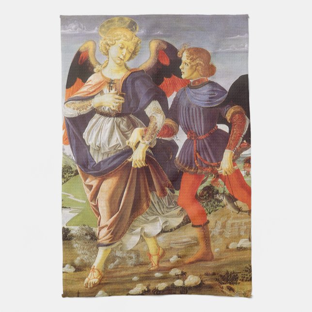 Tobias and the Angel by Andrea del Verrocchio Tea Towel (Vertical)