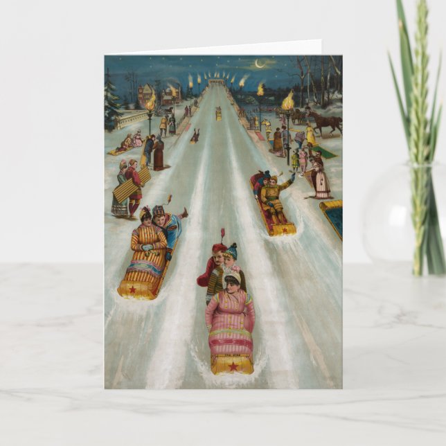 Toboggans On a winter night Holiday Card (Front)