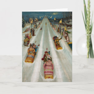 Toboggans On a winter night Holiday Card