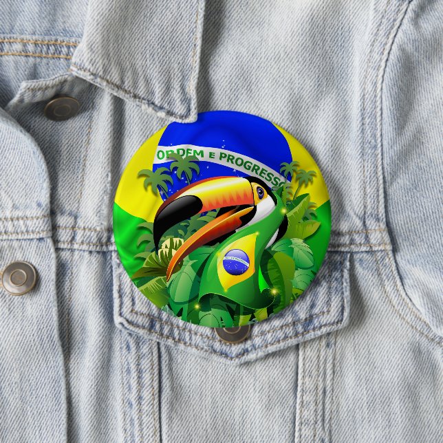 Toco Toucan with Brazil Flag  10 Cm Round Badge (In Situ)