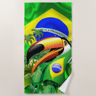 Toco Toucan with Brazil Flag  Beach Towel