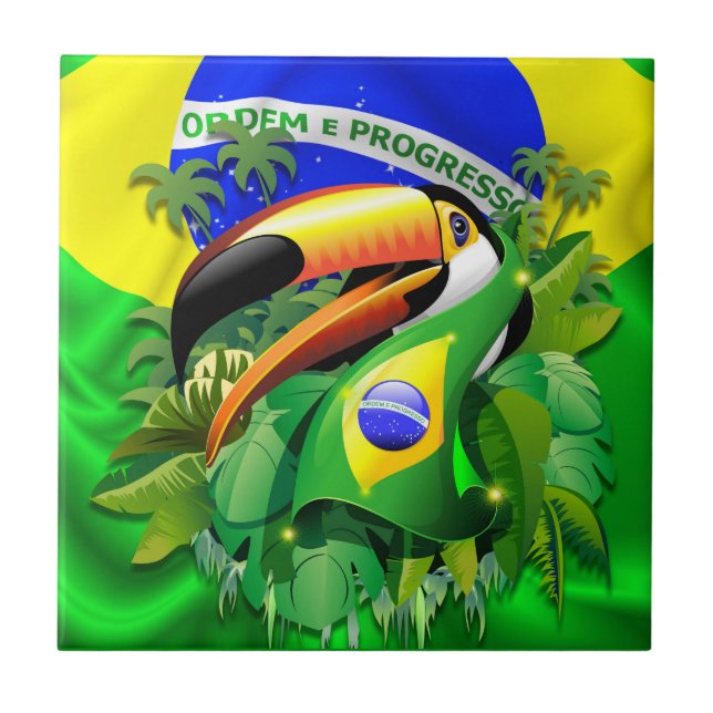 Toco Toucan with Brazil Flag  Ceramic Tile (Front)