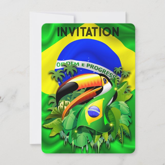 Toco Toucan with Brazil Flag  Invitation (Front)