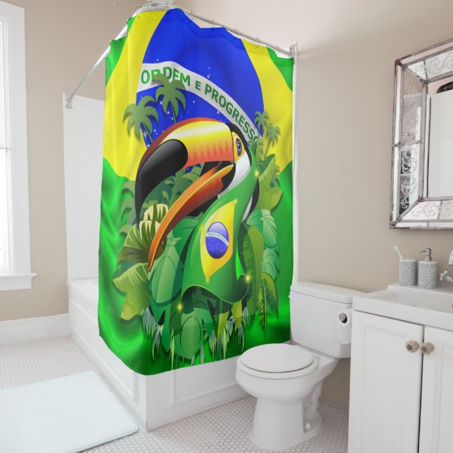 Toco Toucan with Brazil Flag  Shower Curtain (In Situ)