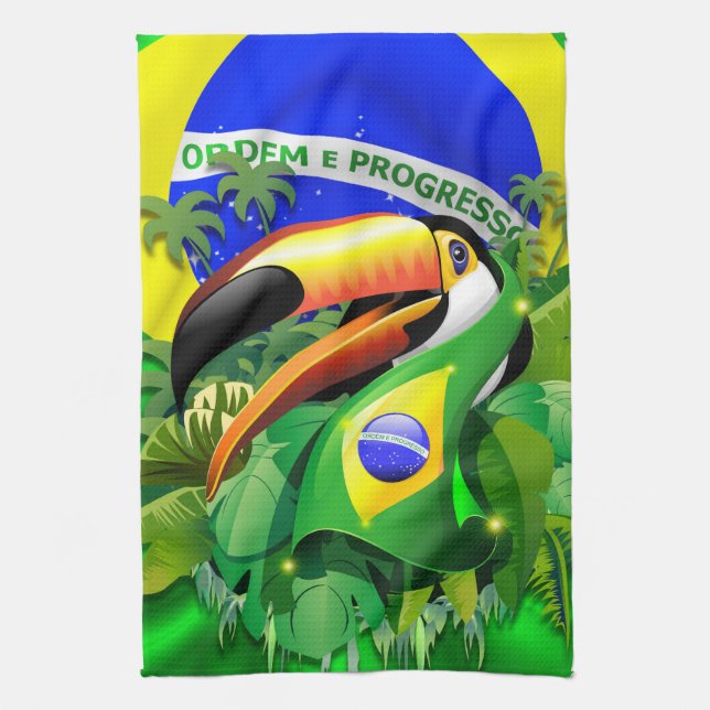 Toco Toucan with Brazil Flag  Tea Towel (Vertical)