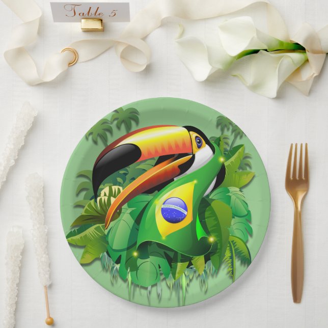 Toco Toucan with Brazil Flag Tie Paper Plate (Wedding)