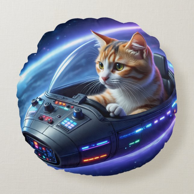 TOCOCLAWS Galactic Pilot: Space Cat Round Accent  Cushion (Front)