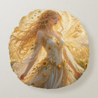 TOCOCLAWS Sunflower Sun Goddess Fairy Fantasy Ange Round Cushion