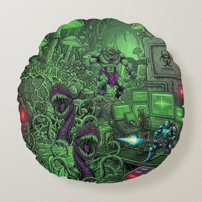 TOCOCLAWS Toxic Cavern Lab - Biohazard Monster Bat Round Cushion (Front)