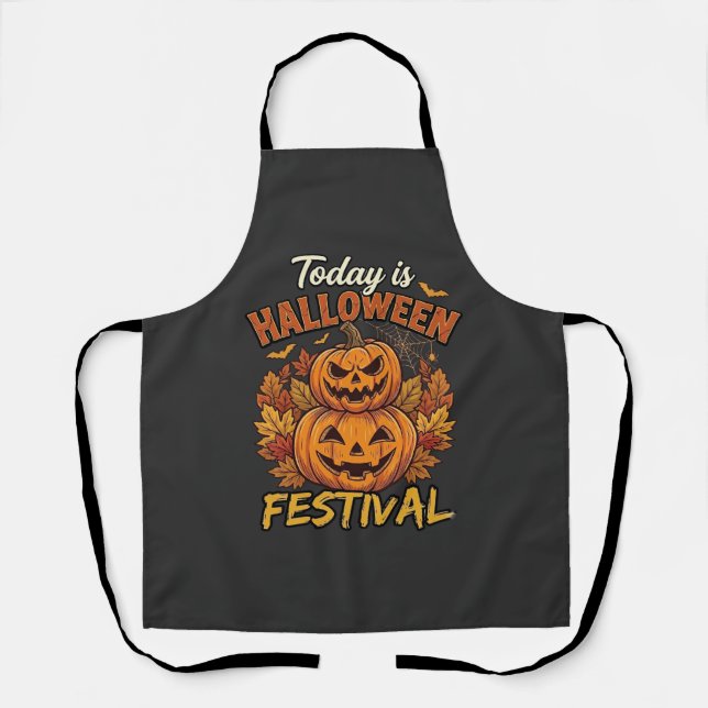 Today Is Halloween Festival Stacked Pumpkins Spide Apron (Front)