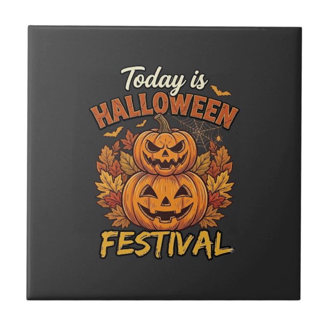 Today Is Halloween Festival Stacked Pumpkins Spide Ceramic Tile (Front)