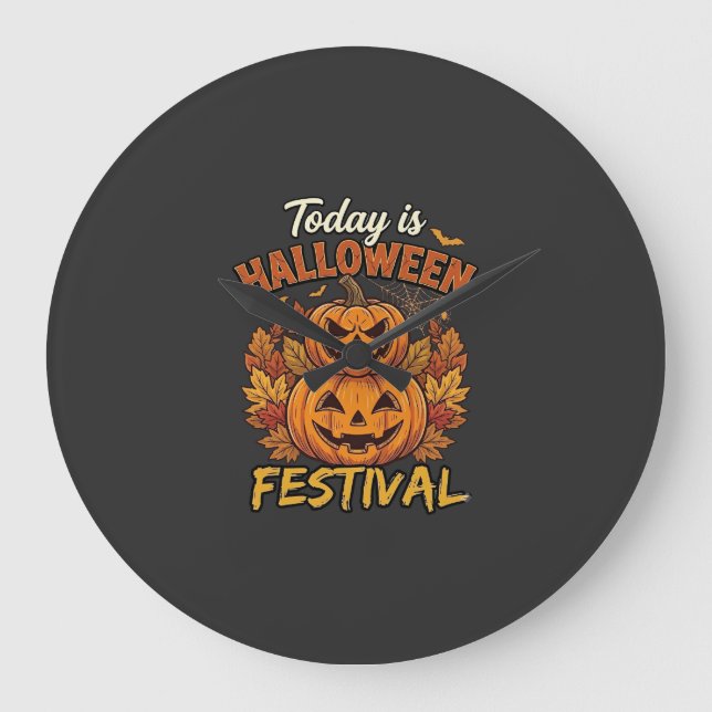Today Is Halloween Festival Stacked Pumpkins Spide Large Clock (Front)