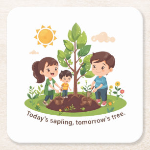 Today's Sapling Tomorrow's Tree Family Earth Day Square Paper Coaster