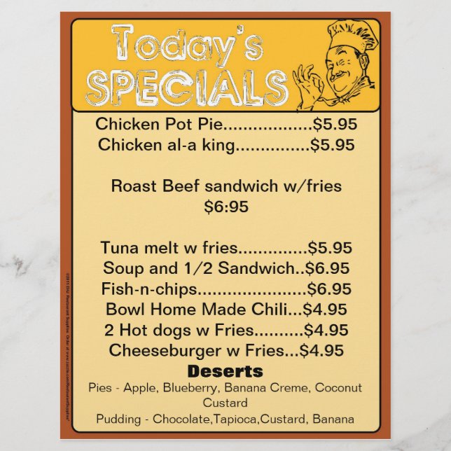 Today's Specials Menu Inserts Restaurant Supplies (Front)