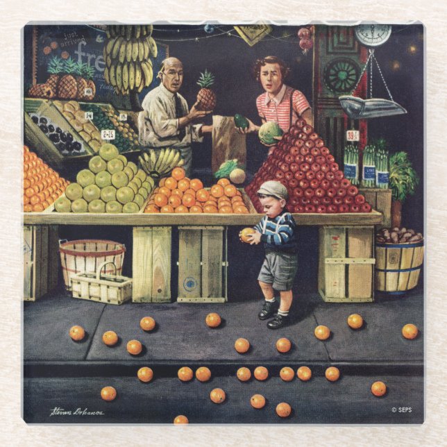 Toddler and Oranges Glass Coaster (Front)