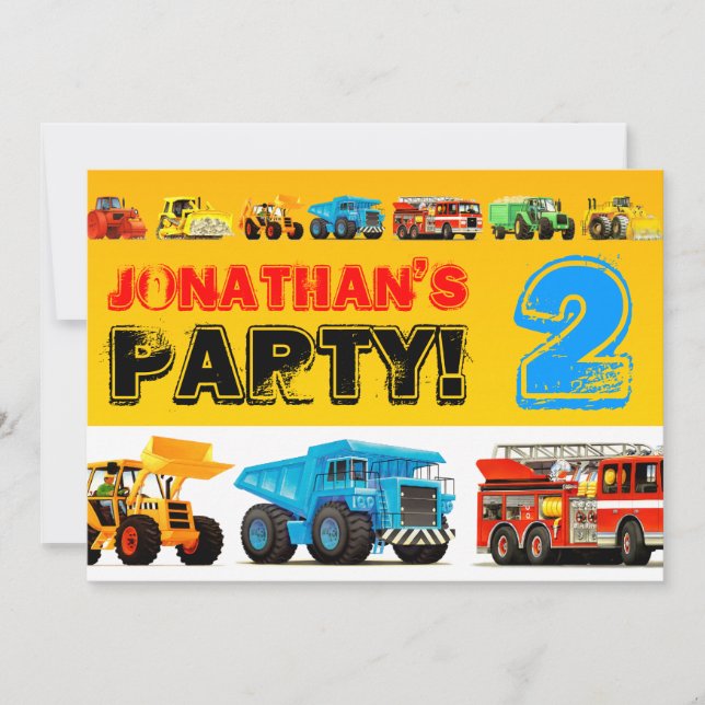 Toddler Boys 2nd Birthday Party Construction Truck Invitation (Front)