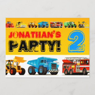Toddler Boys 2nd Birthday Party Construction Truck Invitation
