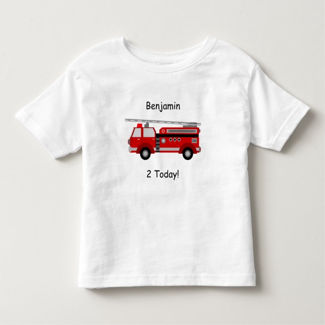 Toddler Fire Truck T-Shirt with Name & "2 Today!" (Front)