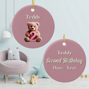 Toddler Girl 2nd Birthday Pink Teddy Bear Keepsake Ceramic Ornament
