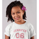 Toddler Girl Pink Name Jersey Number Sports Cotton Toddler T-Shirt<br><div class="desc">Create your own custom, personalised, cool, unisex sizing, modern, stylish pink typography / font / script, monogrammed player name jersey number white, 100% combed ring spun fine jersey soft cotton t-shirt tee shirt. Simply type in your name / kids name / player name and player jersey number, to customise. Makes...</div>