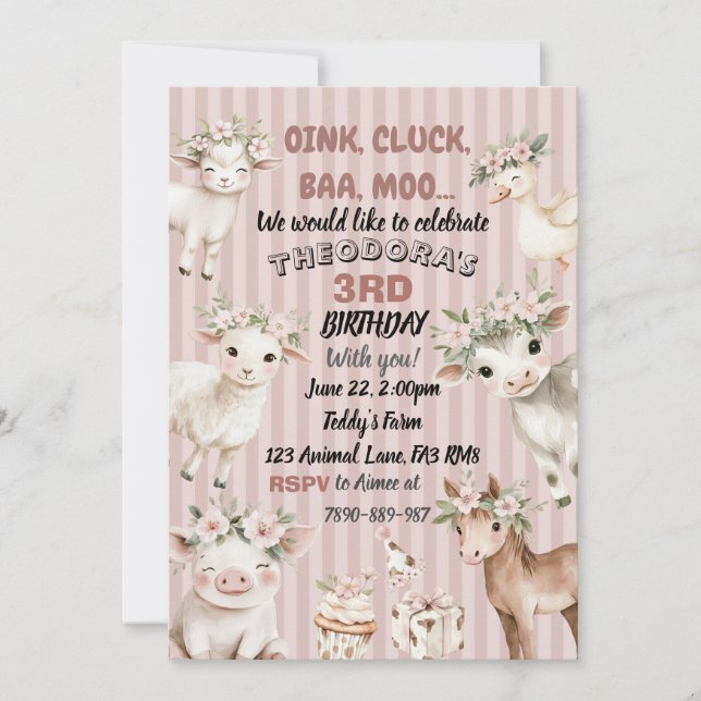Toddler girls farm animal birthday invitation  (Front)
